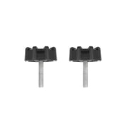 Two black plastic knobs with threaded rods on a white background
