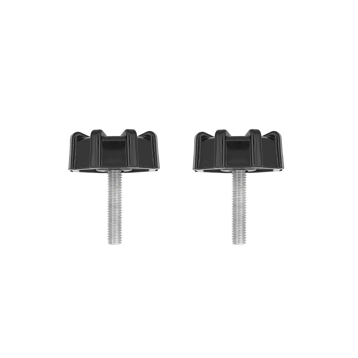 Two black plastic knobs with threaded rods on a white background