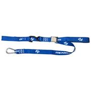 Blue Tie Down with a carabiner with a white logo