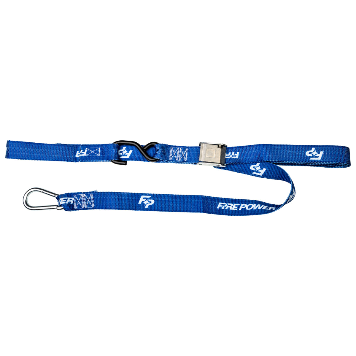 Blue Tie Down with a carabiner with a white logo