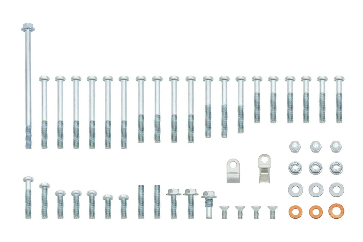 Collection of various metal bolts and hardware on a white background