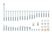 Collection of various metal bolts and hardware on a white background